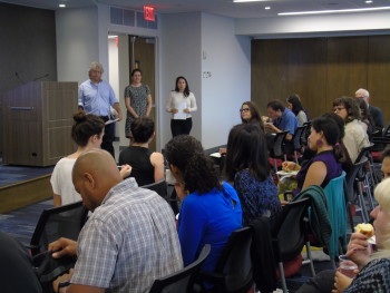 HFUM planning committee members Bill Fink (SCAN-NY), Caitlin Falvey (Mount Sinai), Diana Johnson (NYC Food Policy Center) facilitate 9/21 Healthy Food for Upper Manhattan meeting